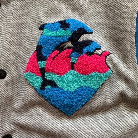 Large Leather Pink Dolphine Bomber Varsity Jacket - Picture 3 of 6